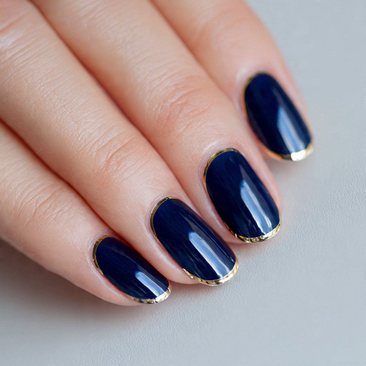 navy french tips with a fine gold outline nails