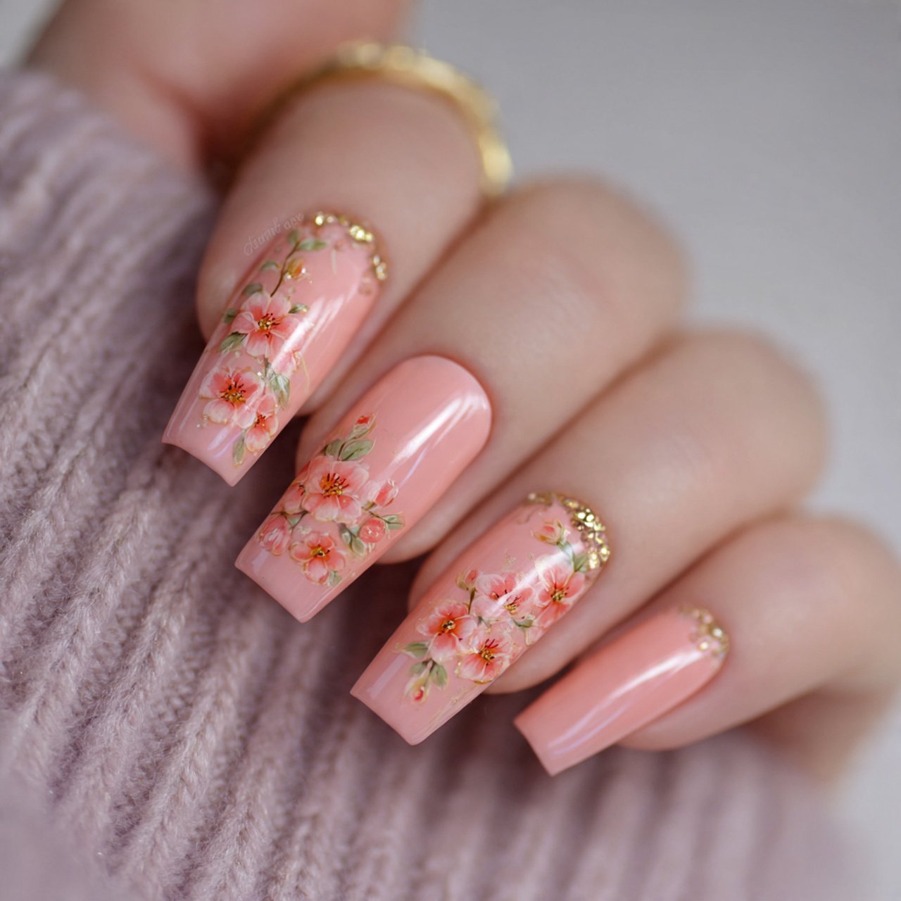 peach blossom nails with glossy finish nails 1
