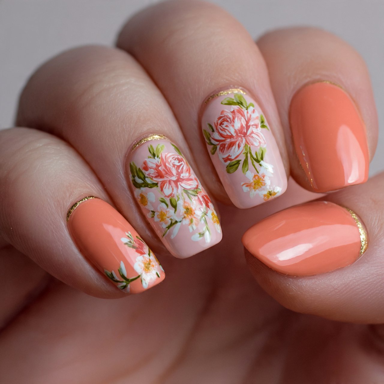 peachy floral accent nails