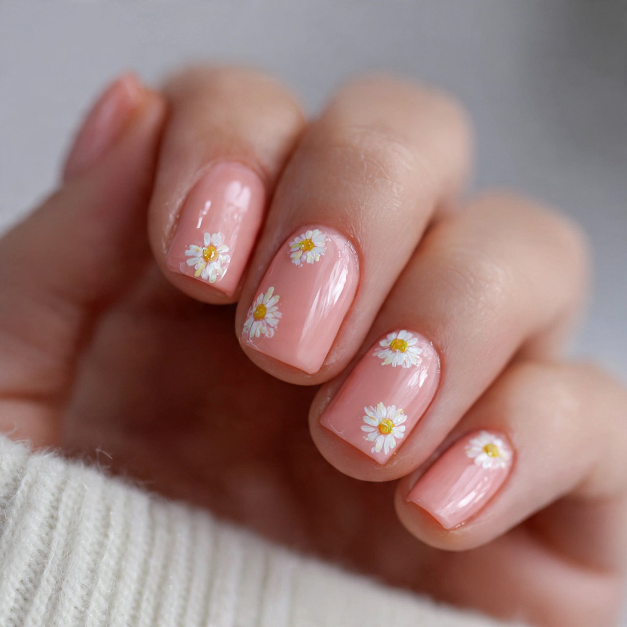 peachy nails with tiny daisy accents nails