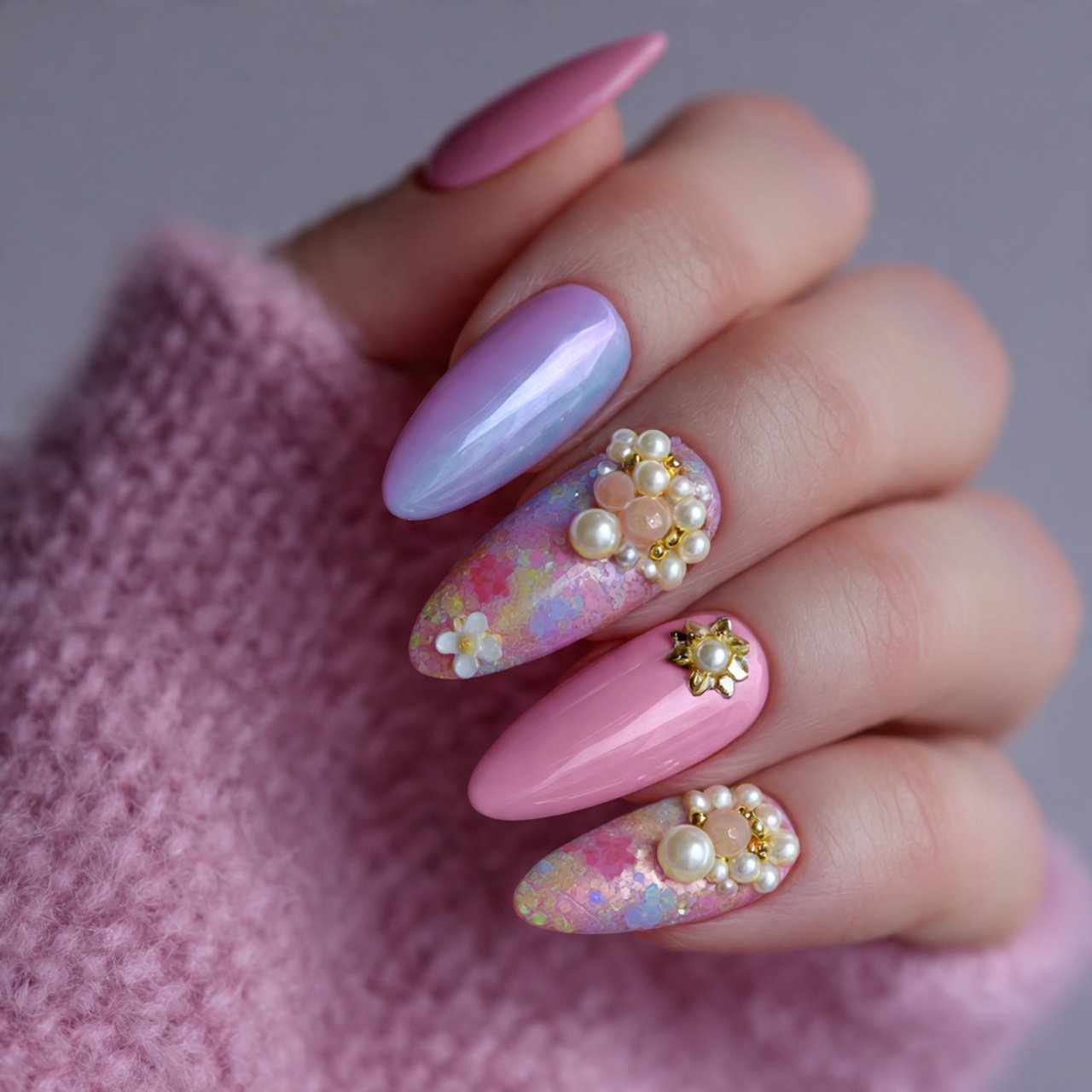 pearl detail girly acrylic nails
