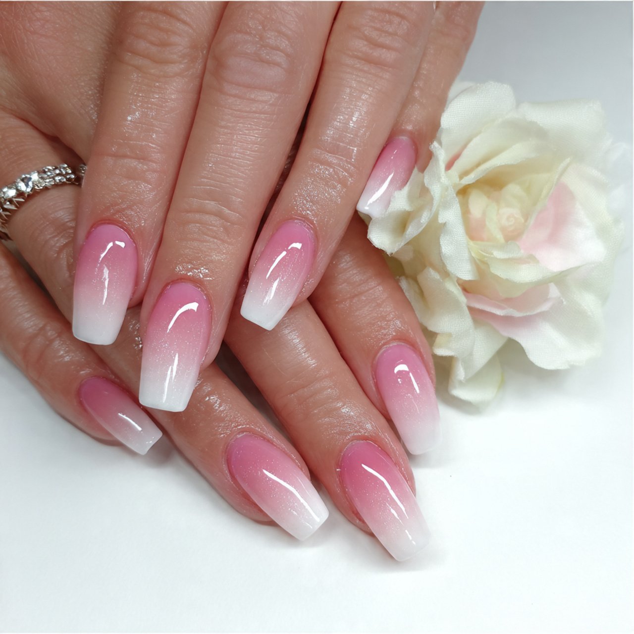 pink and white baby boomer acrylic nails
