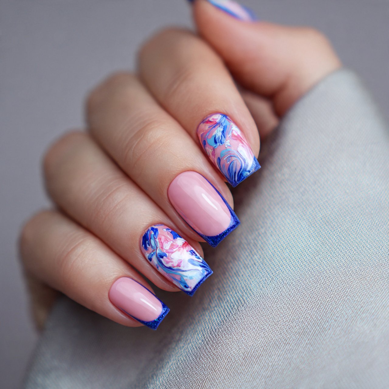 Pink and Blue Nails: 15 Fresh, Wearable Designs That Feel Trendy Without Trying Too Hard 13 pink base with blue abstract side art nails 1