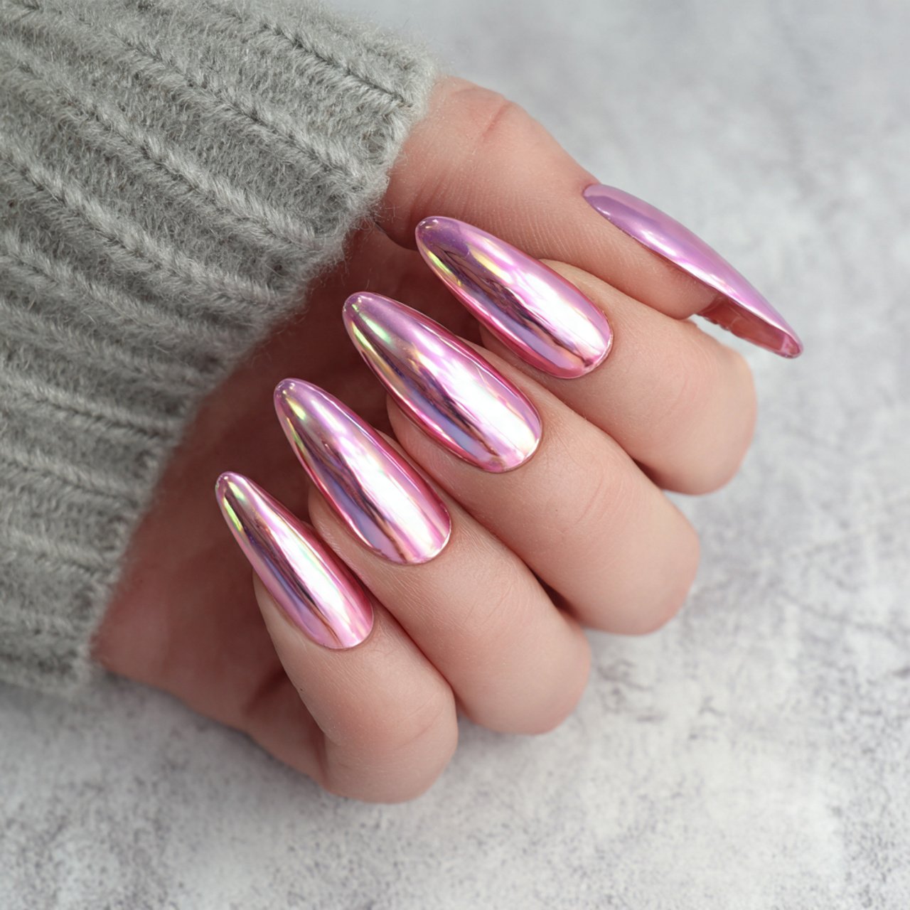 pink chrome glazed acrylic nails
