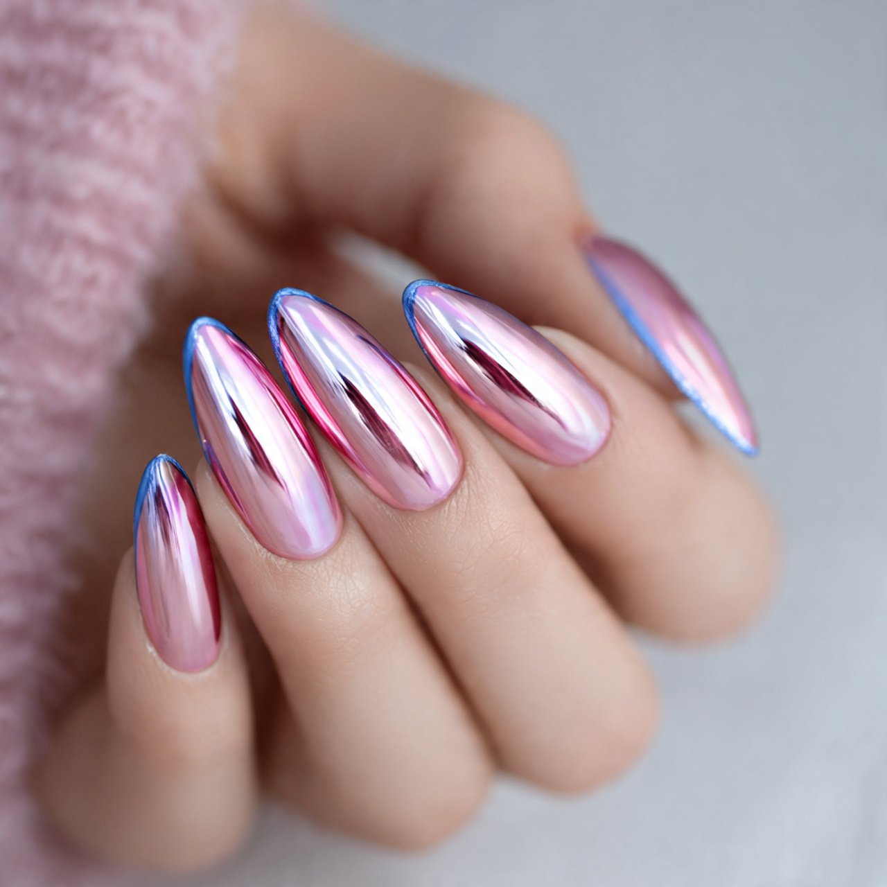 Pink and Blue Nails: 15 Fresh, Wearable Designs That Feel Trendy Without Trying Too Hard 5 pink chrome with blue accent tips nails 2