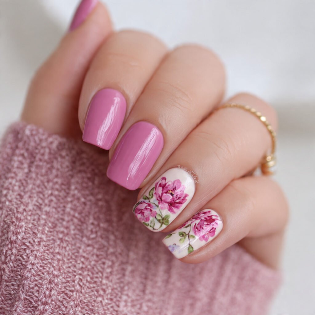 pink floral accent nails