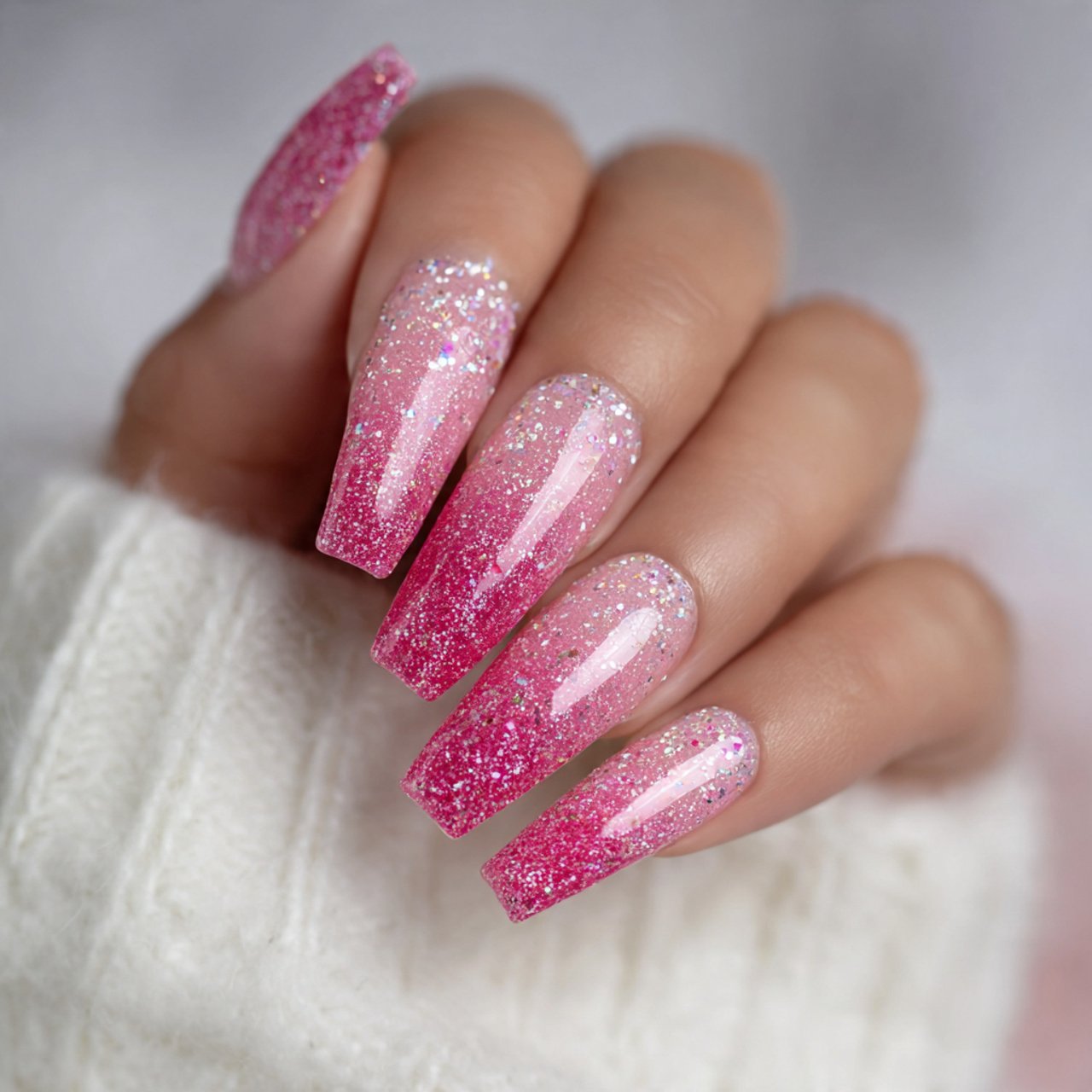 pink glitter fade nails