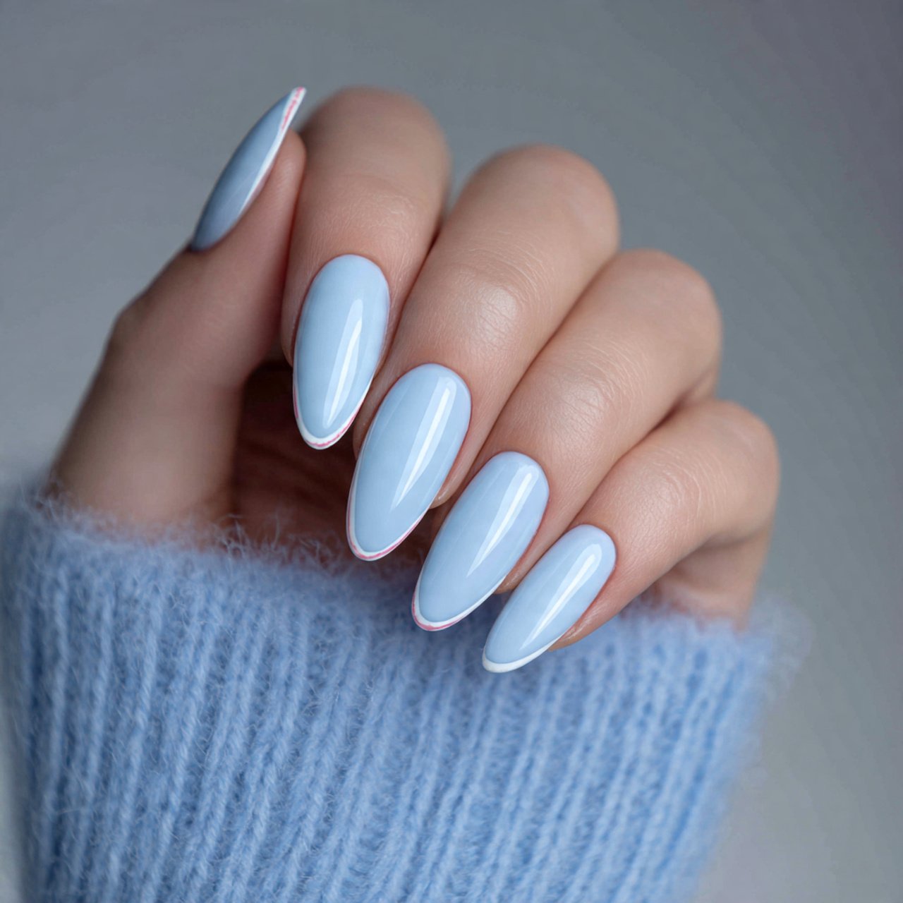 powder blue aura nails with white edge glow nails