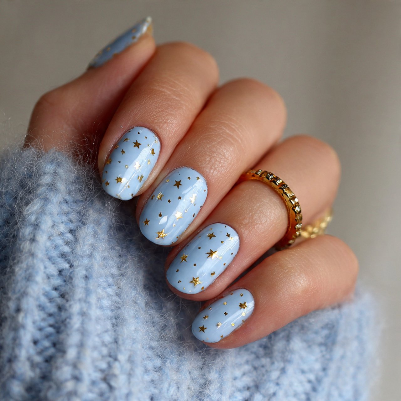 powder blue nails with tiny gold stars nails