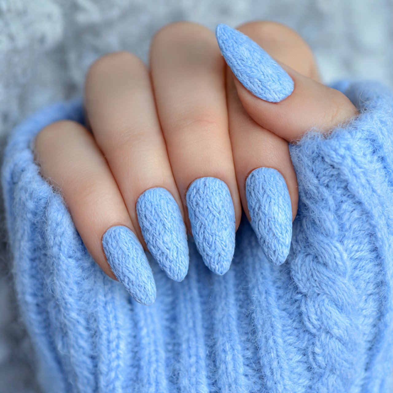 powder blue sweater texture accent nails