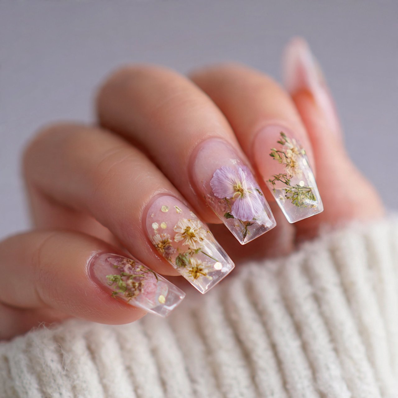 pressed flower inspired clear nails