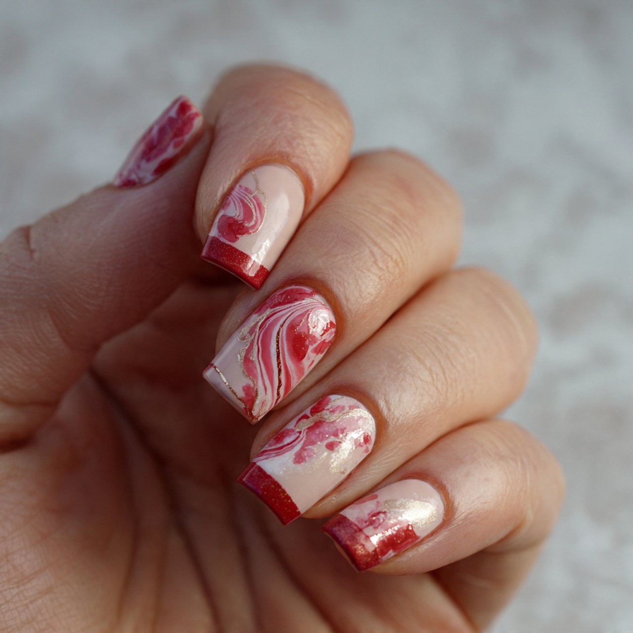 red and blush swirl nails