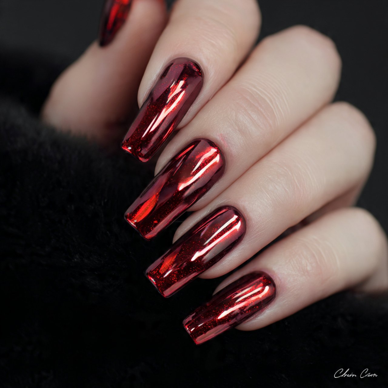 red chrome accent nails