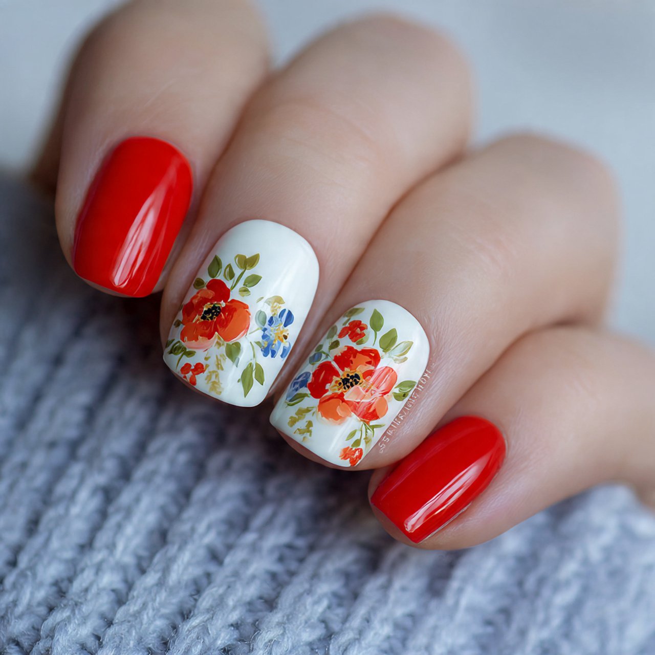 red floral accent nails