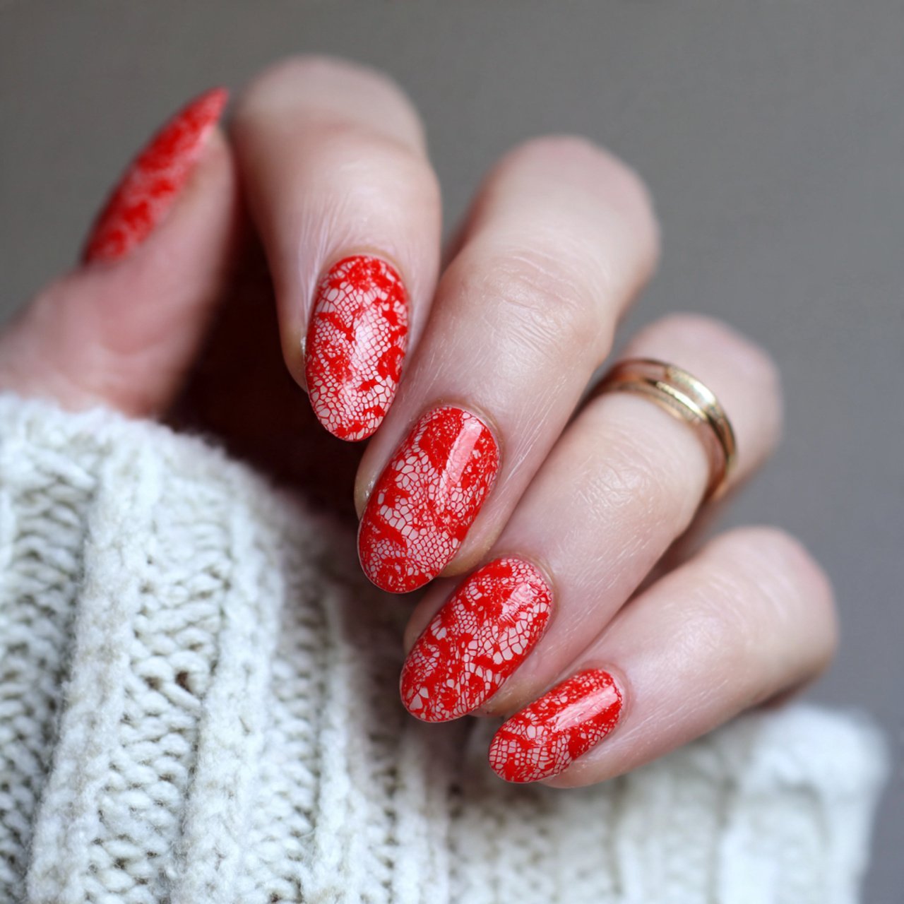 red lace inspired nails