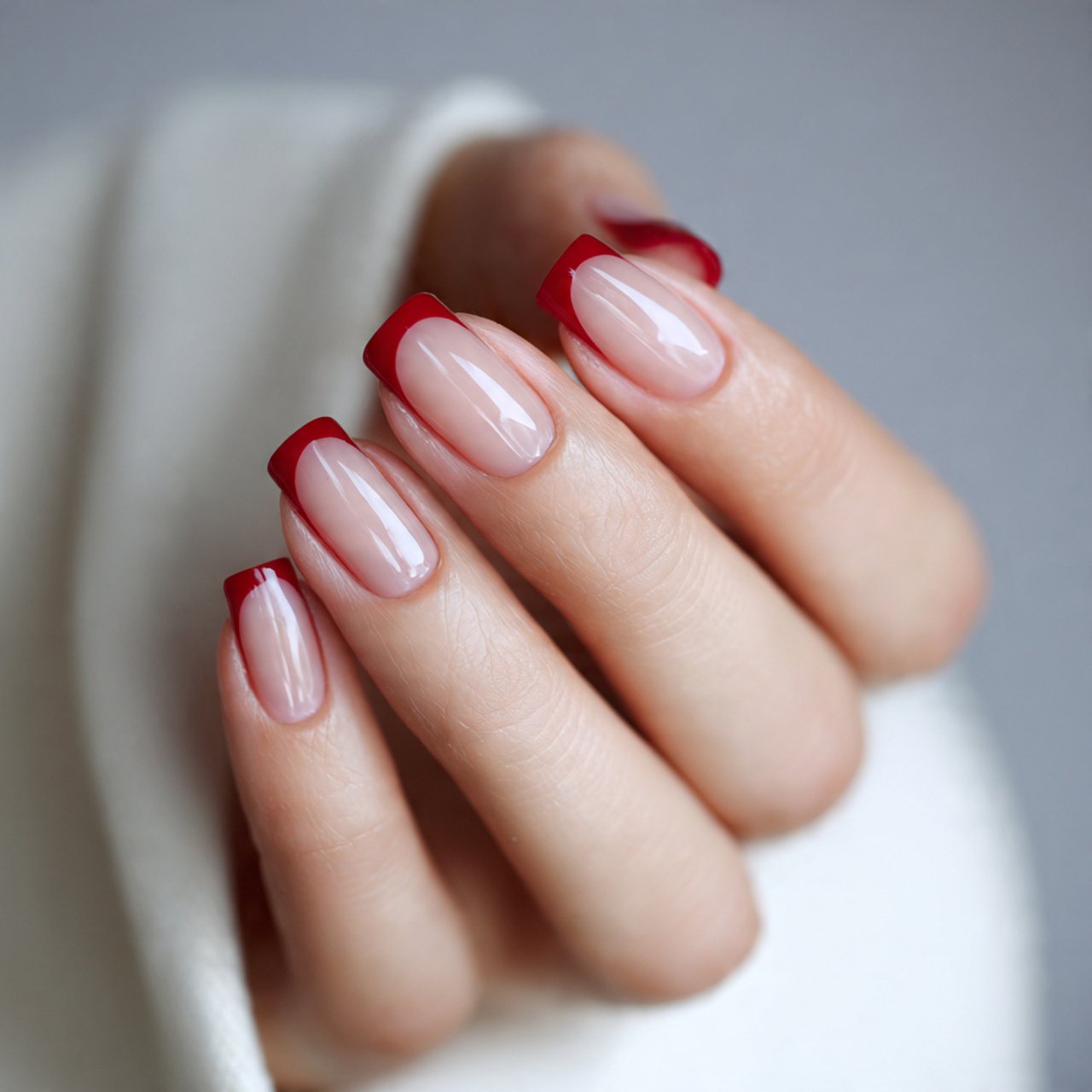 red micro french tips on a sheer base nails