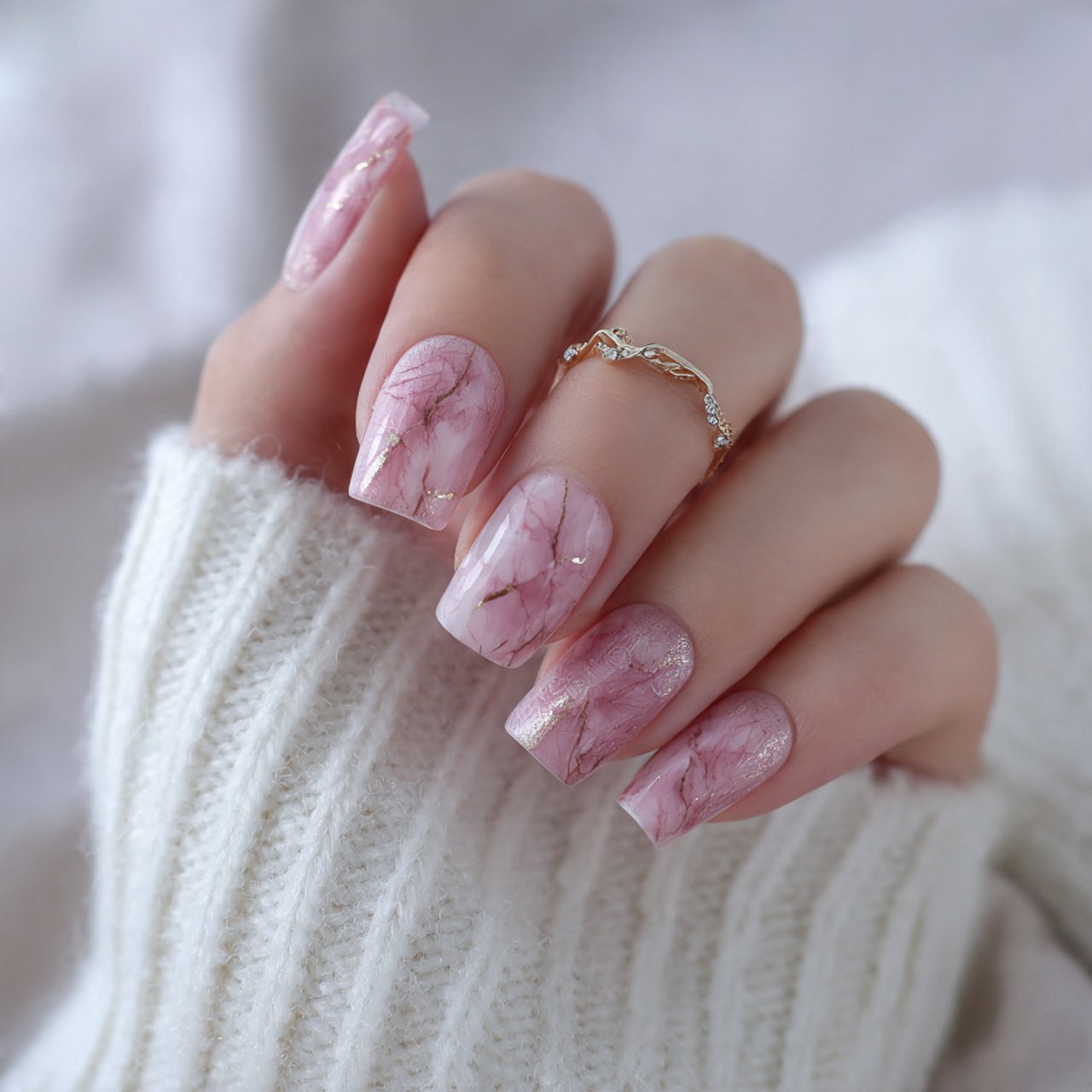 rose beige marble fake nails