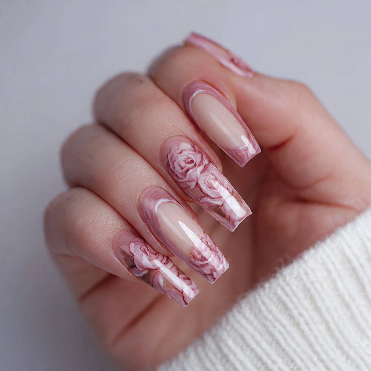 rose beige negative space acrylic nails