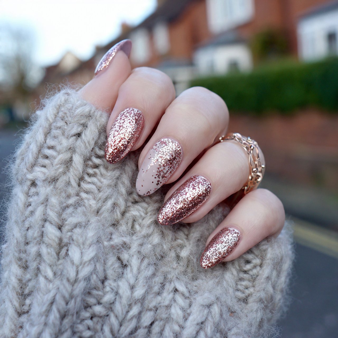 rose gold glitter fade xmas nails 1