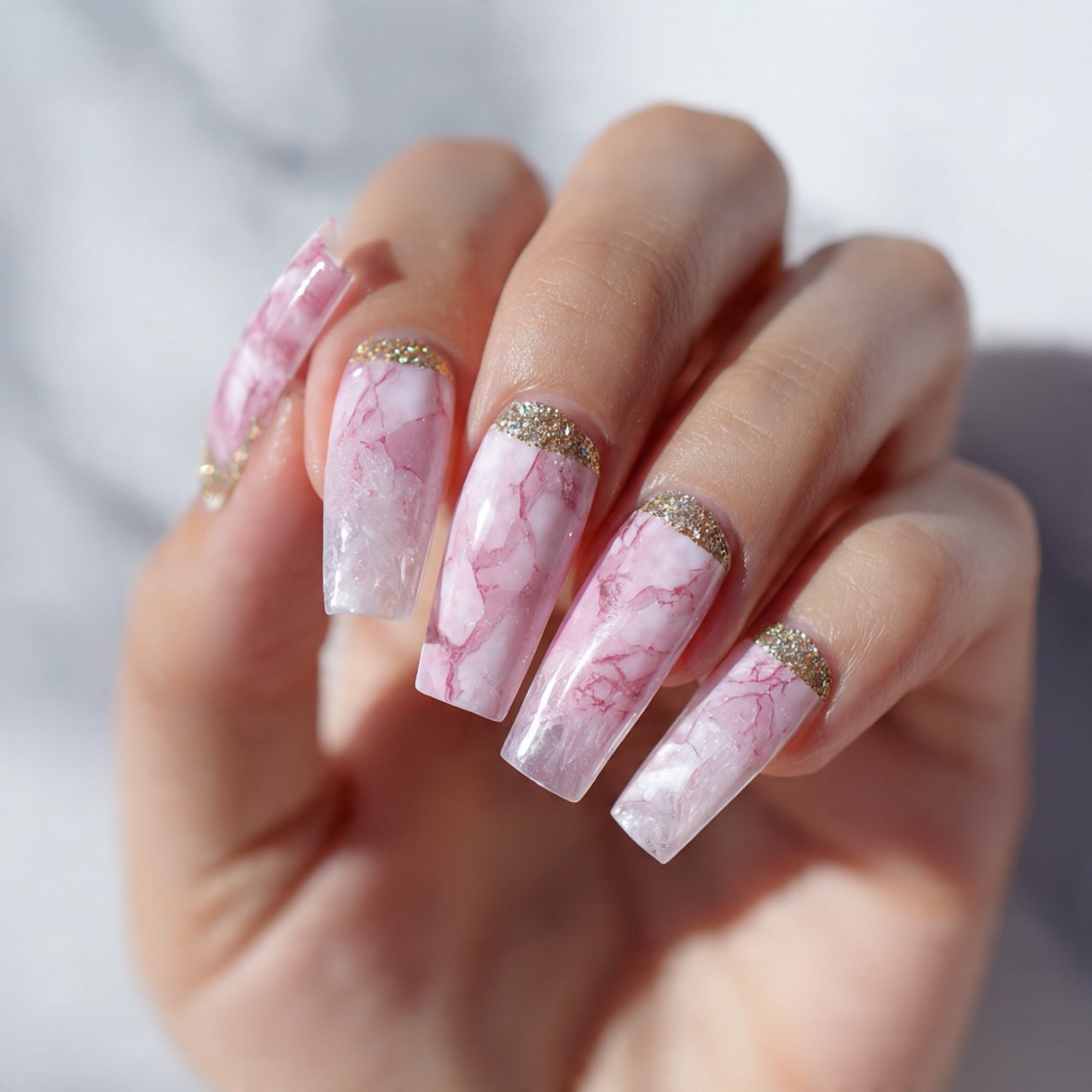 rose quartz marble acrylics nails
