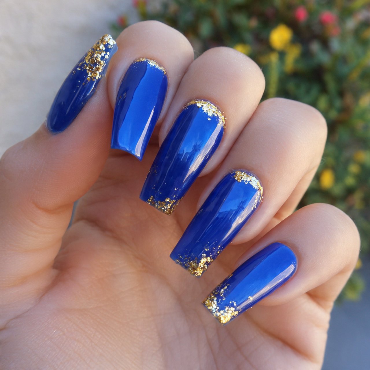 royal blue chrome nails with gold cuticle accents