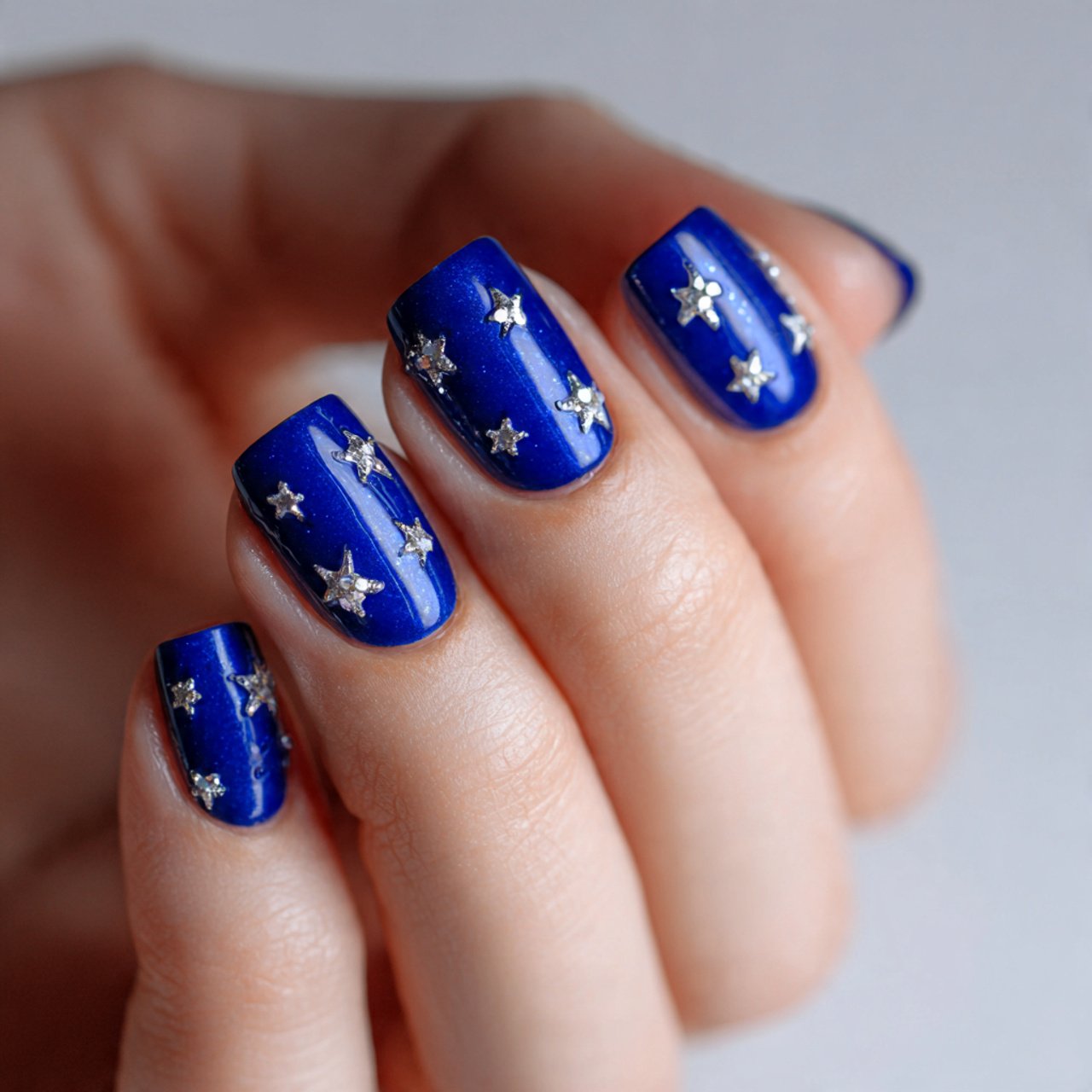 royal blue short square nails with silver stars na