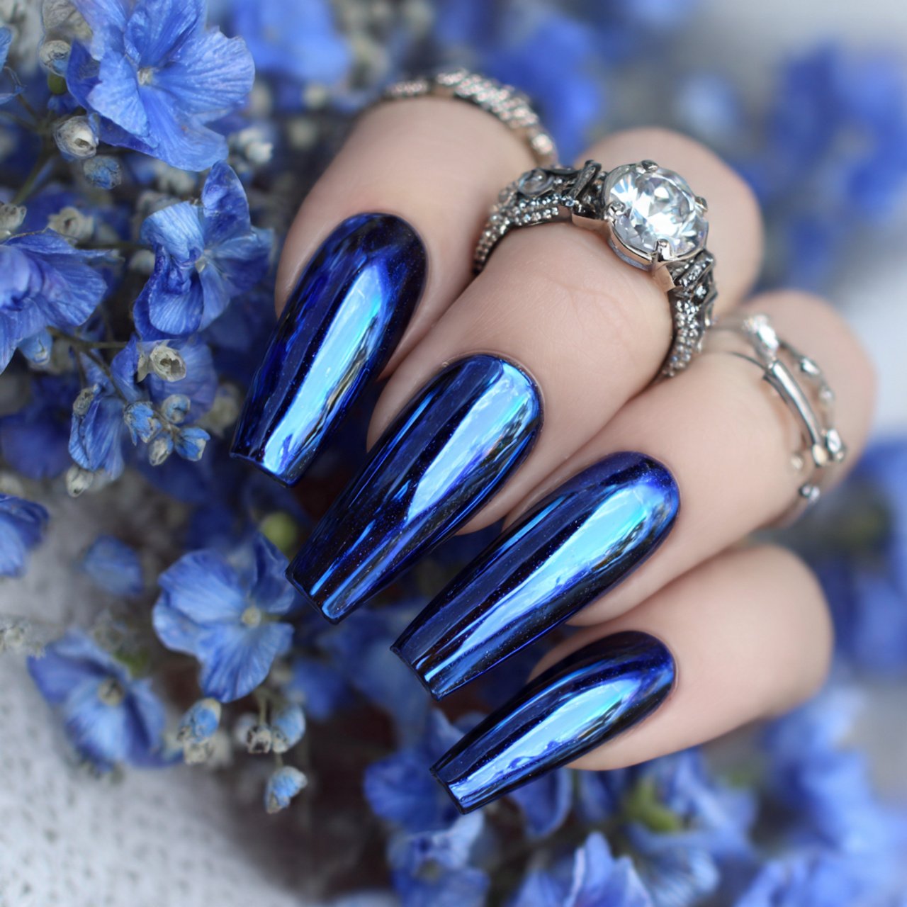 sapphire blue chrome coffin nails