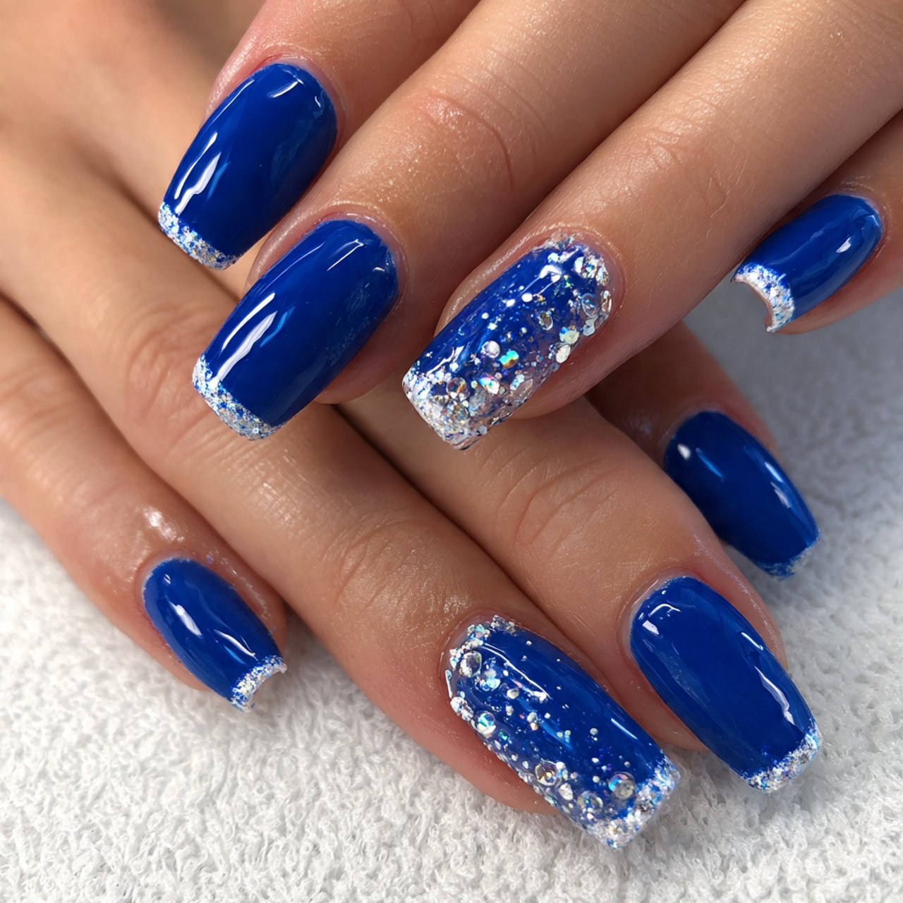 sapphire blue french nails with gloss finish nails