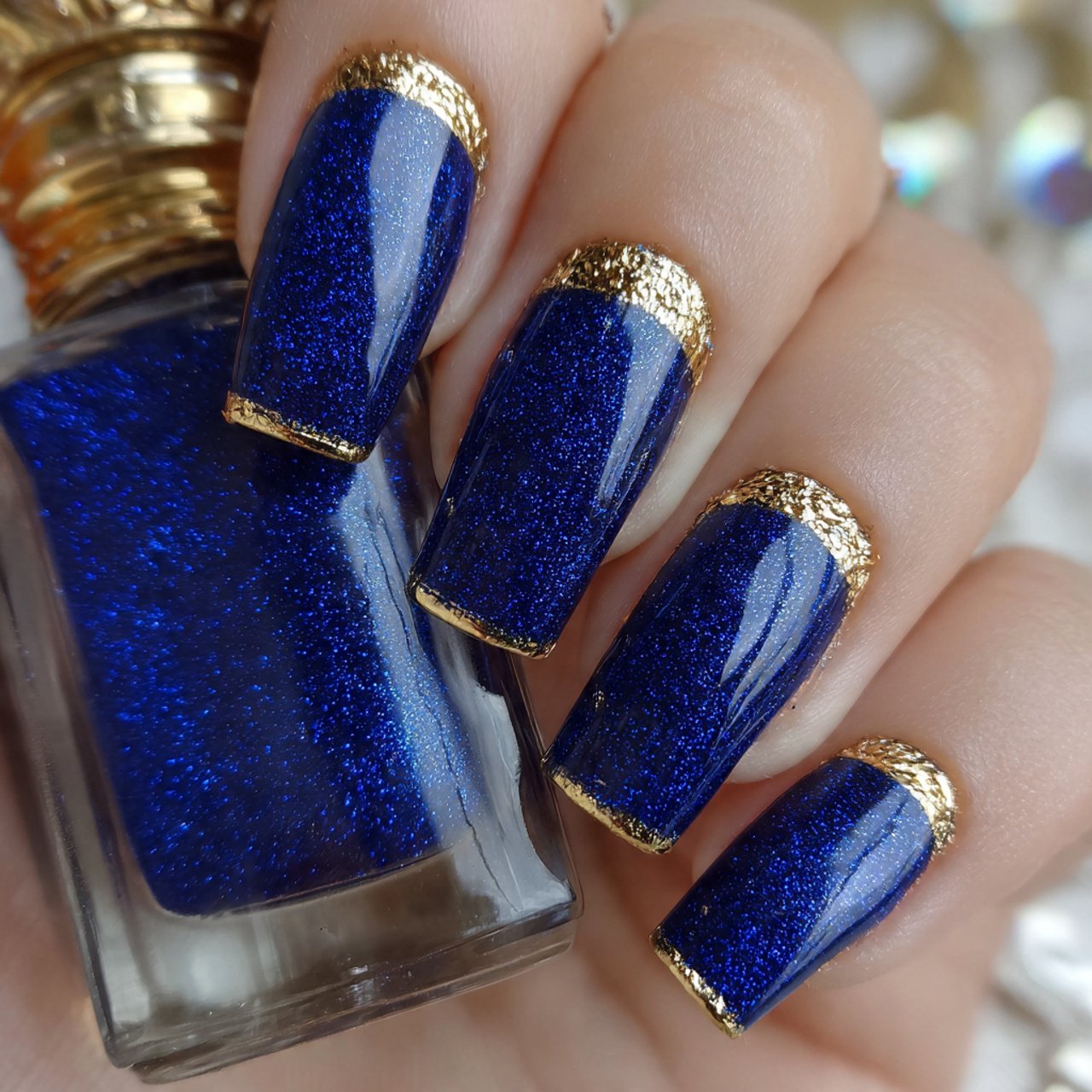 sapphire shimmer nails with gold accent nails