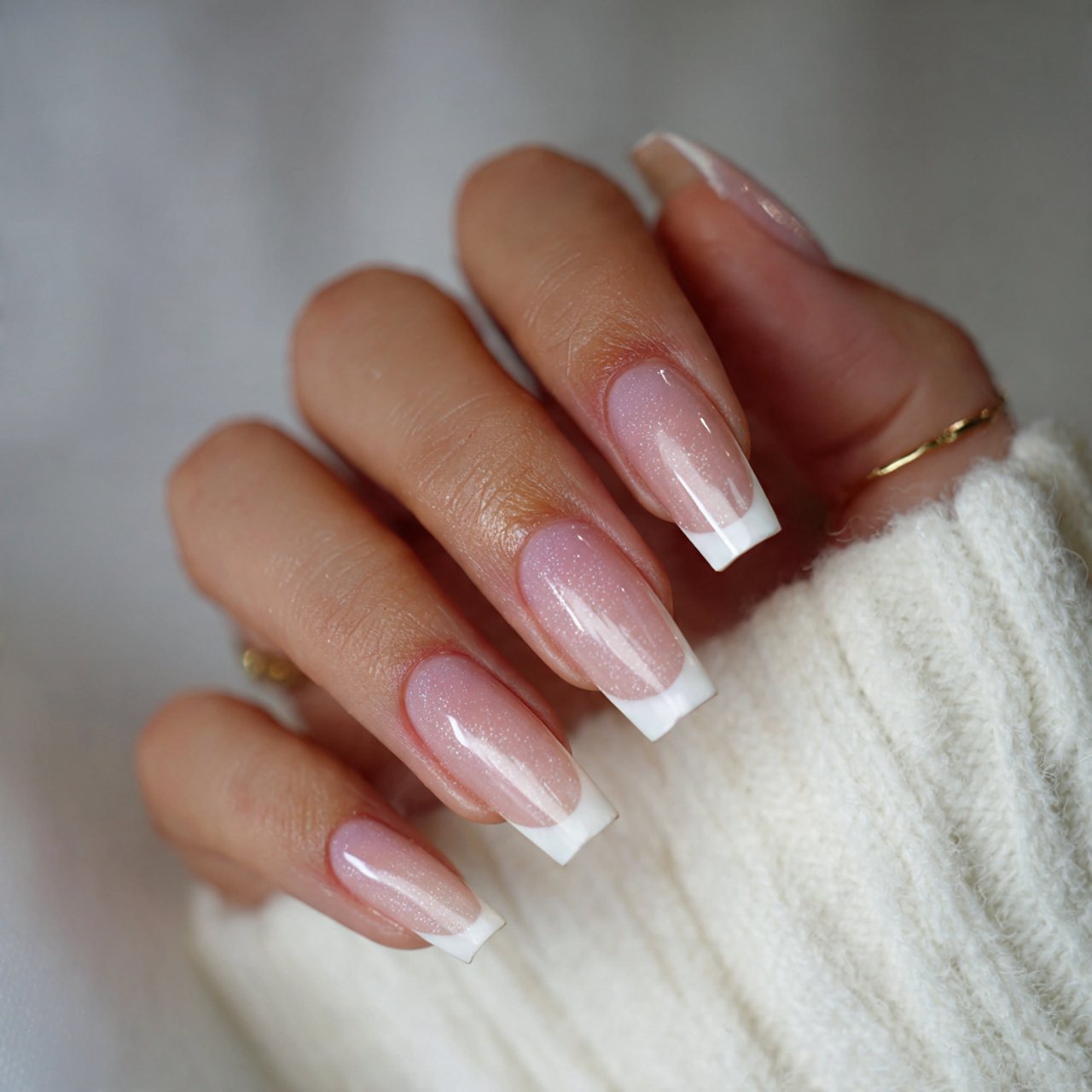 sheer nails with white micro french tips nails