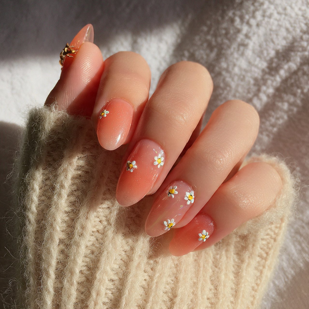 sheer peach nails with tiny daisy accents nails 1