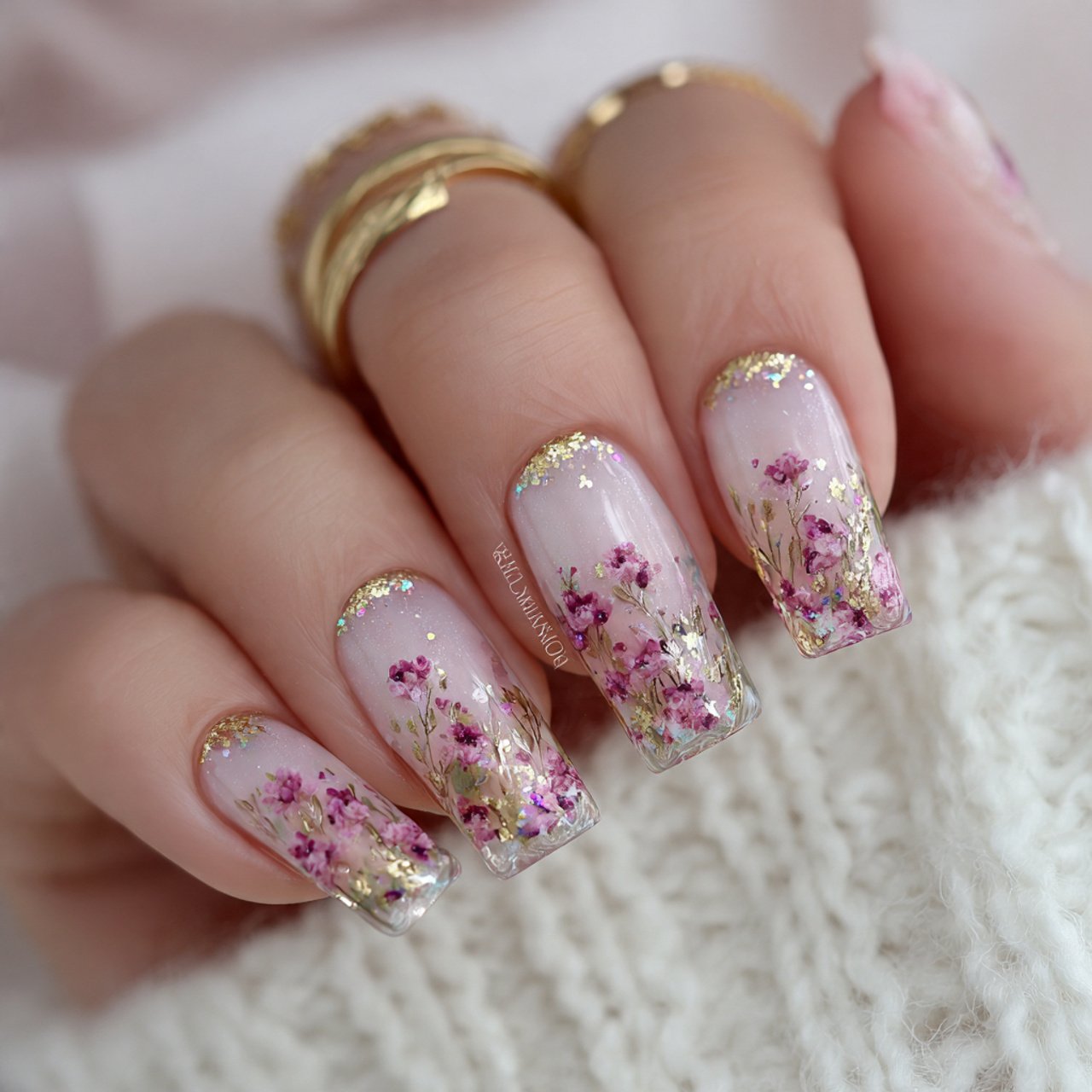 sheer shimmer nails with micro florals nails