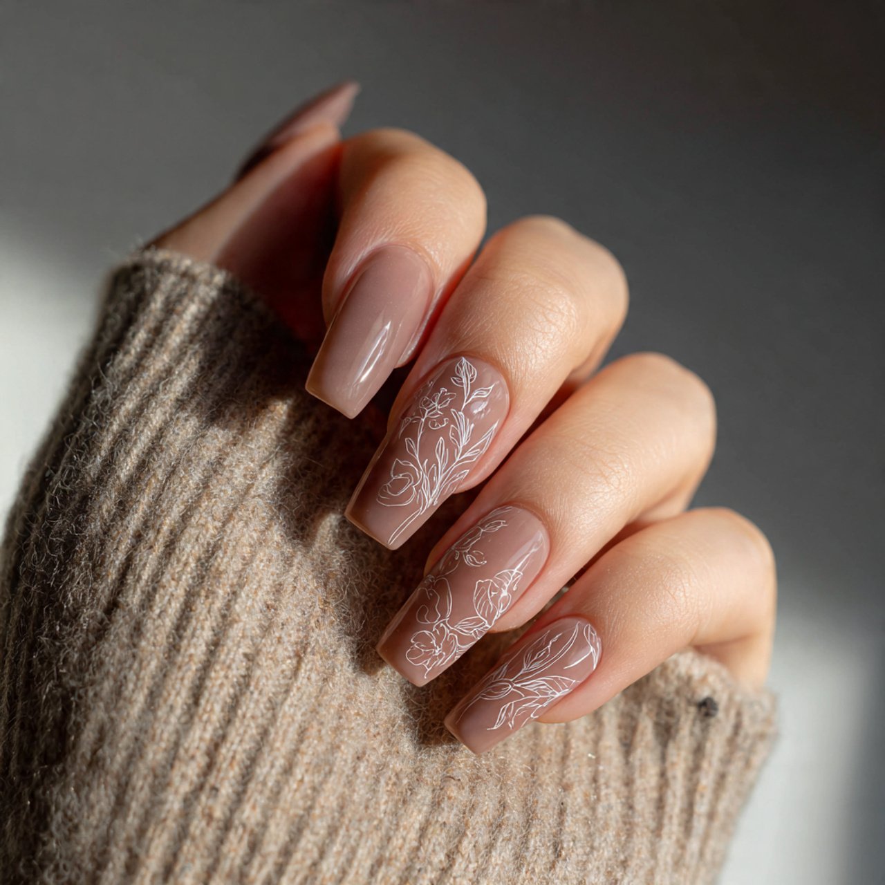 sheer taupe nails with fine line art nails