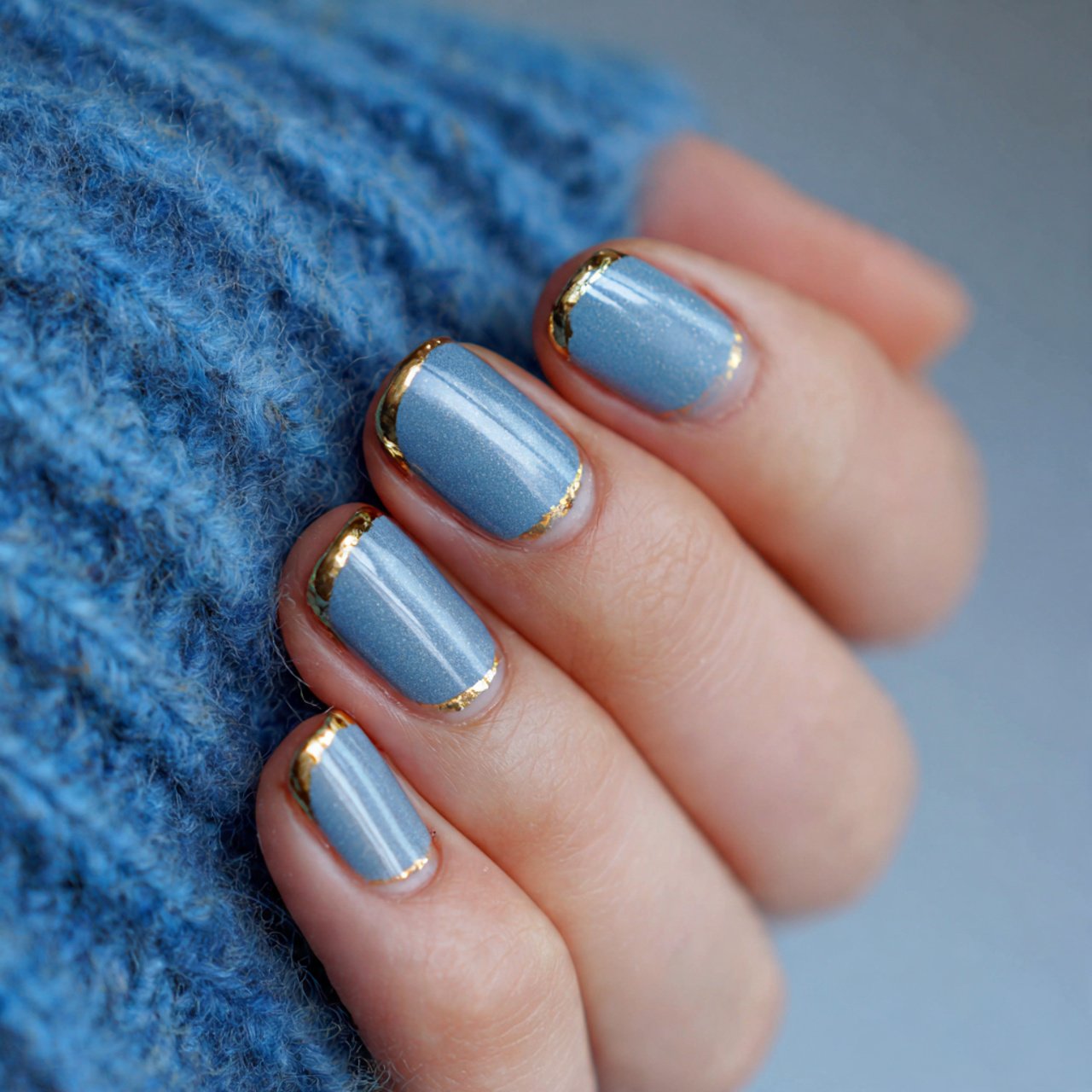 short denim blue nails with gold micro french nail