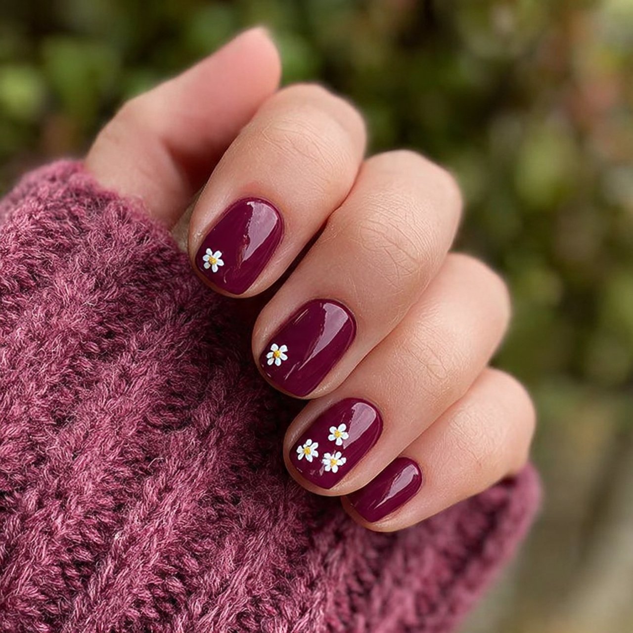 short maroon nails with tiny white floral accents