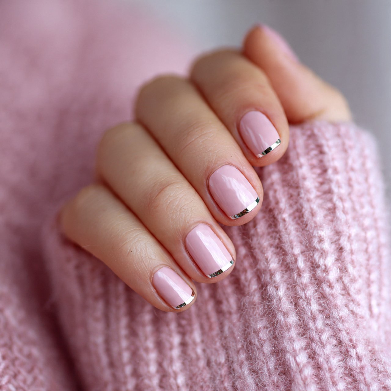 short milky white nails with a tiny chrome accent