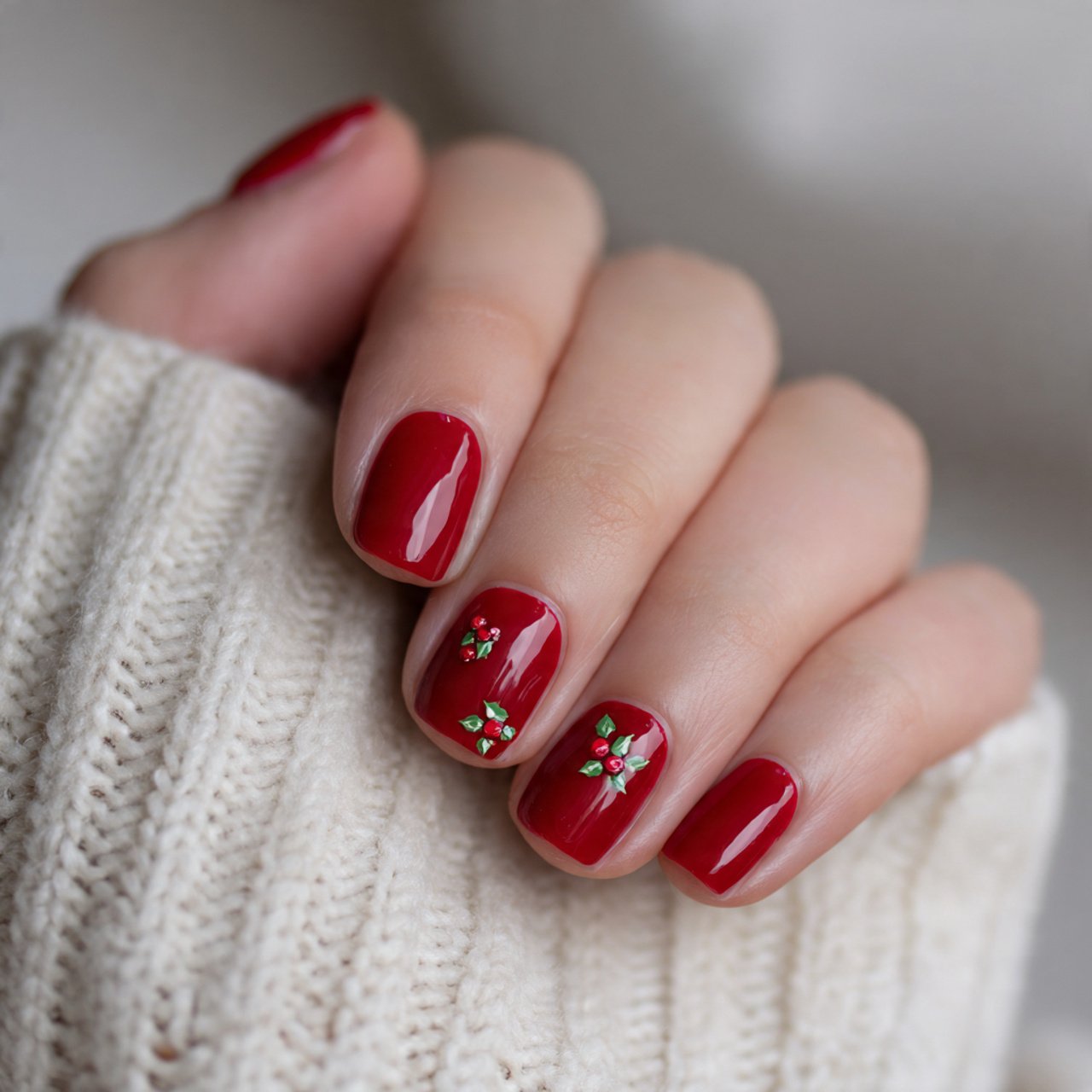 short red nails with tiny holly accents nails