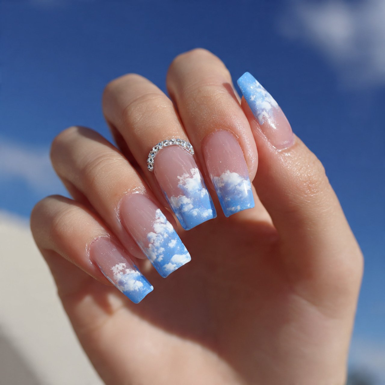 Blue and White Nails: 15 Elegant, Wearable Designs That Still Feel Fresh 6 sky blue cloud nails on a sheer white base nails