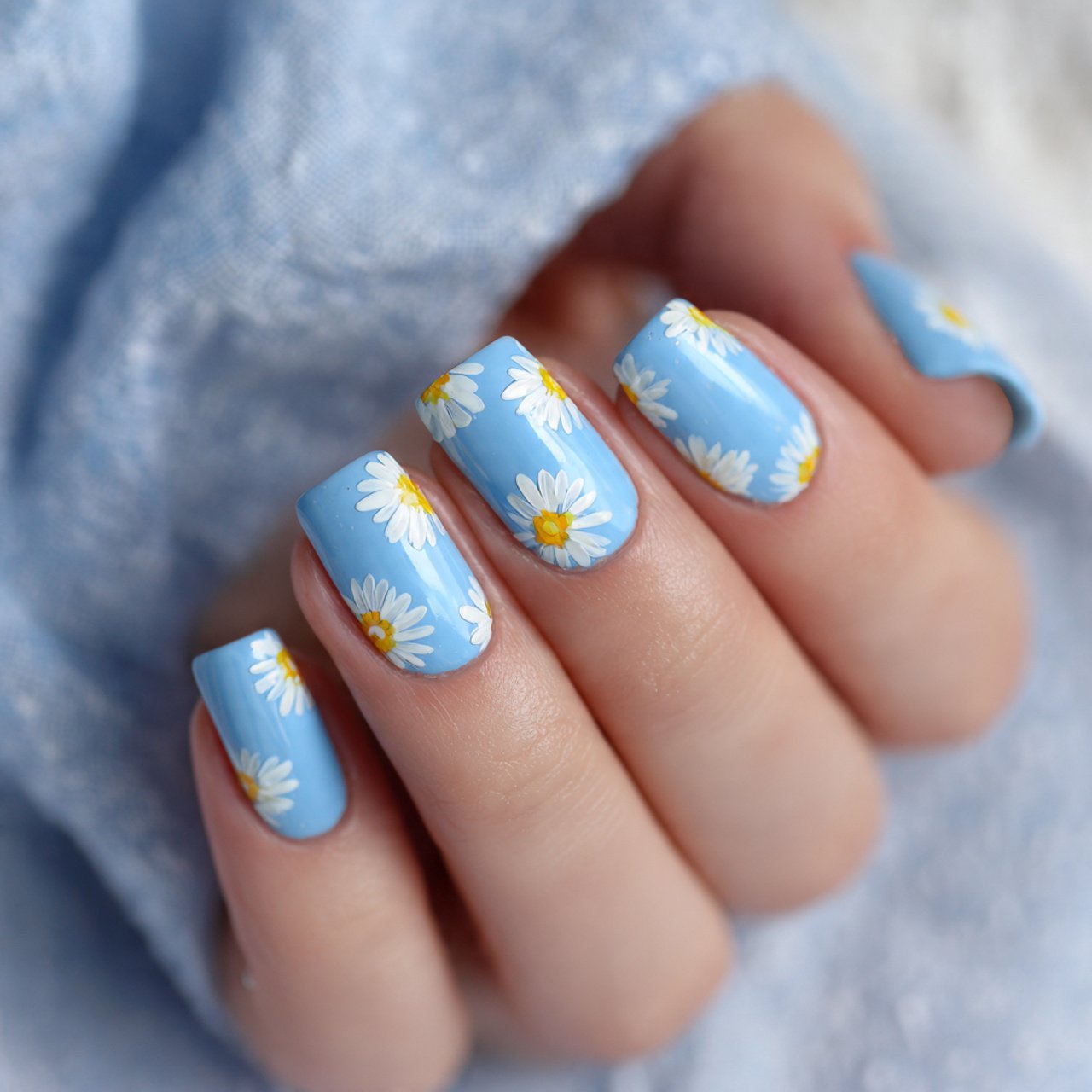 sky blue daisy nails