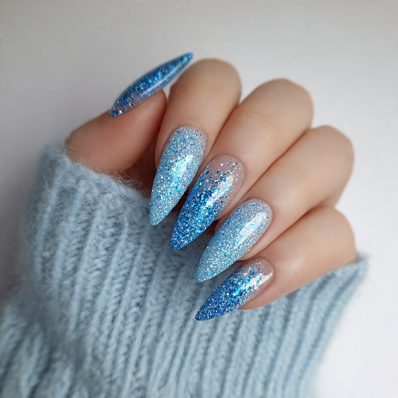 sky blue glitter accent nails