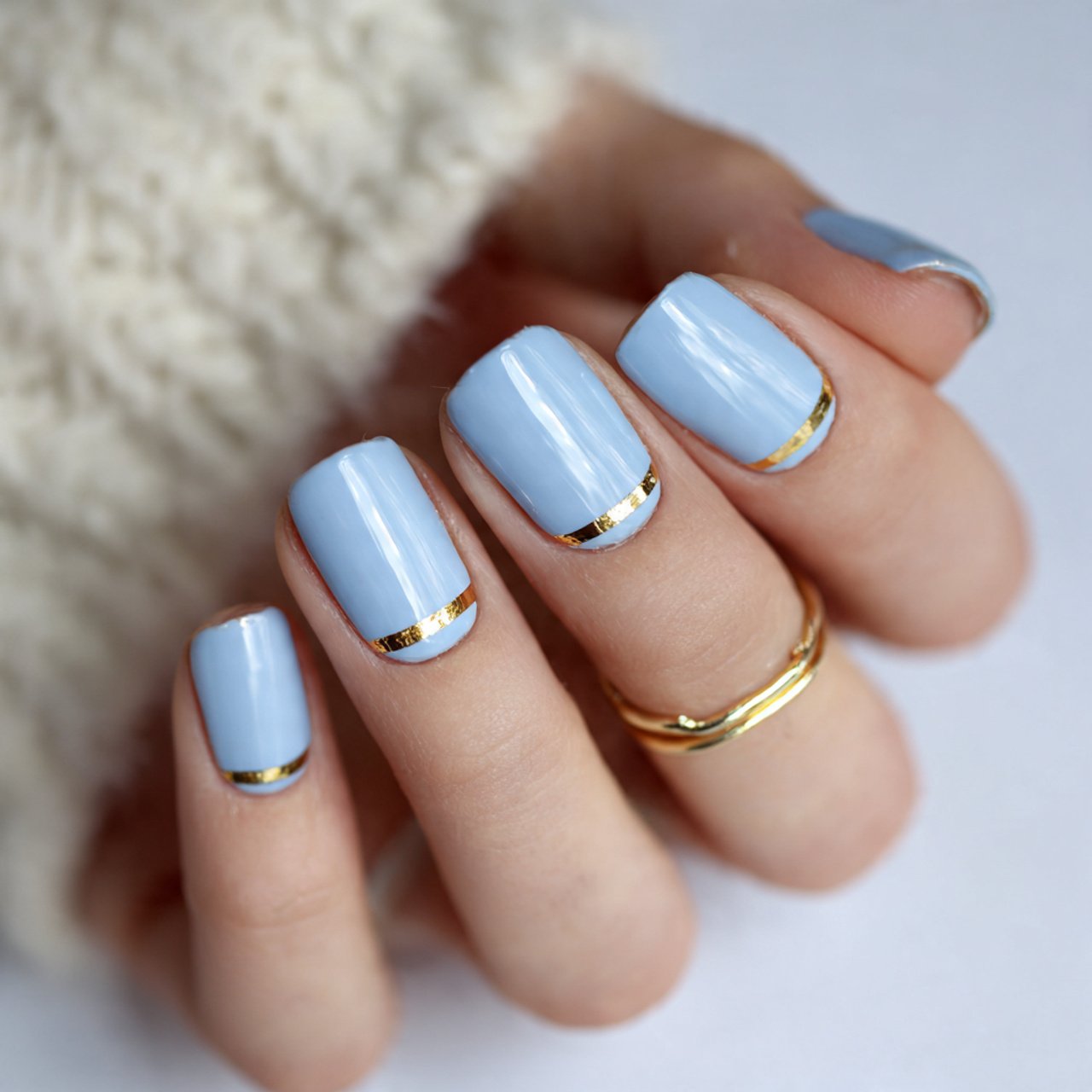 soft blue glazed nails with a gold side stripe nai