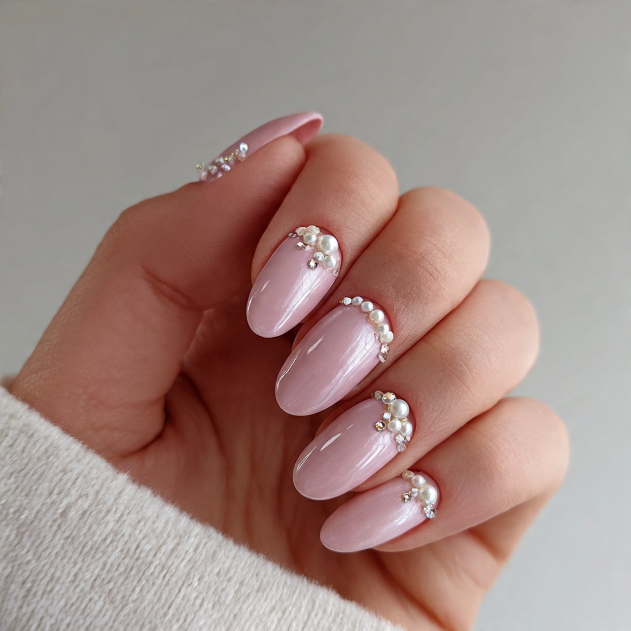 soft pink nails with delicate pearl sheen and cuti