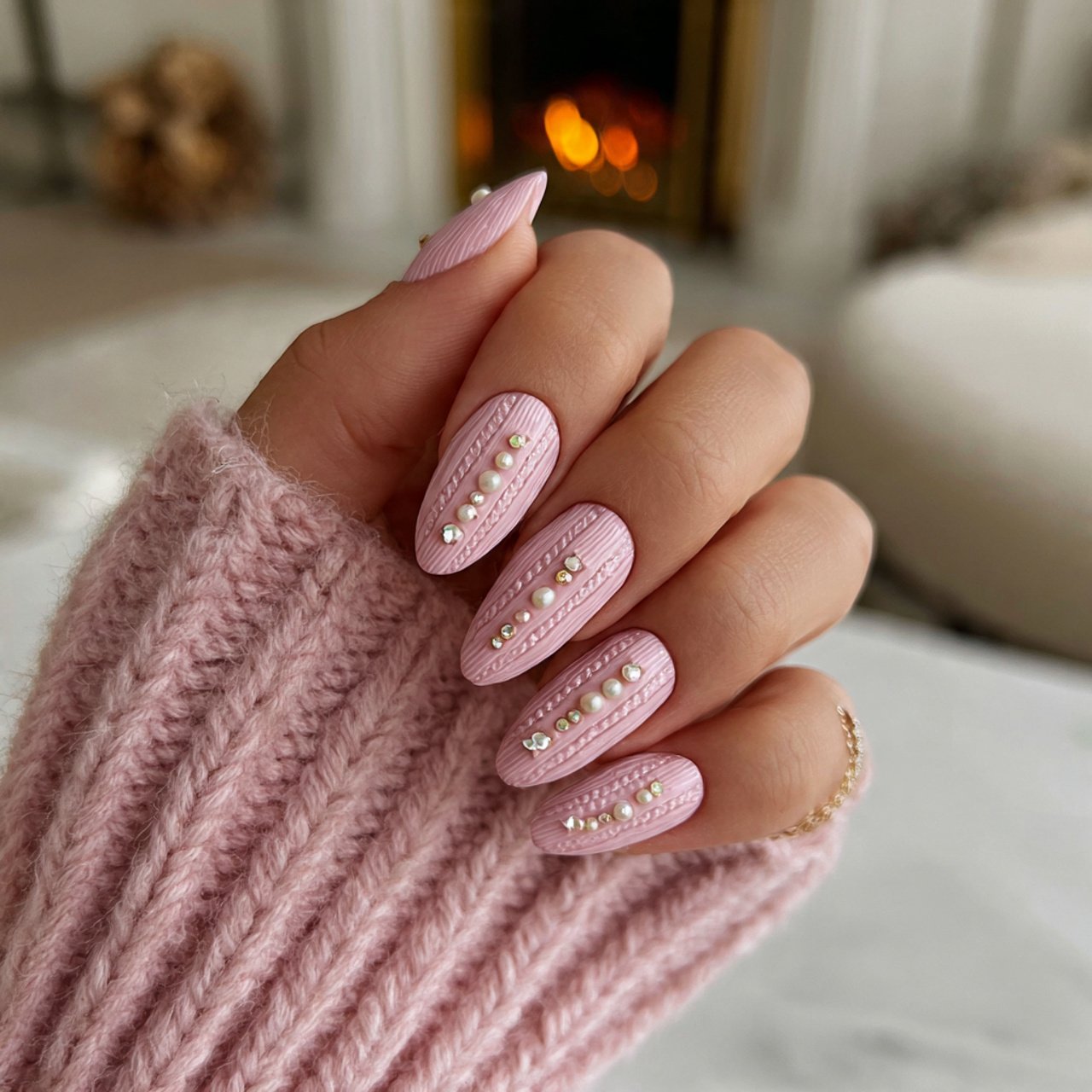 soft pink xmas nails with tiny pearl details nails