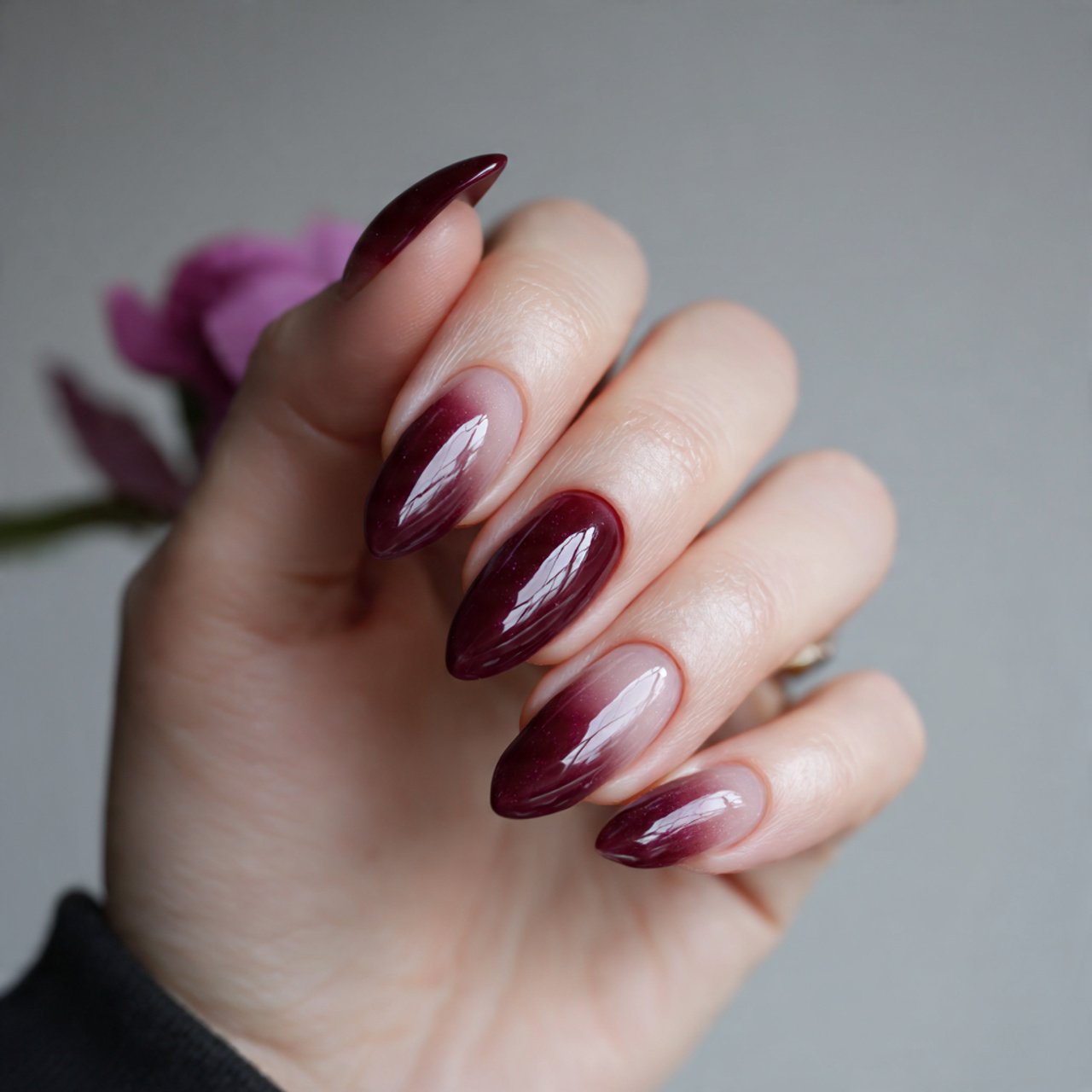 soft sheer burgundy jelly almond nails