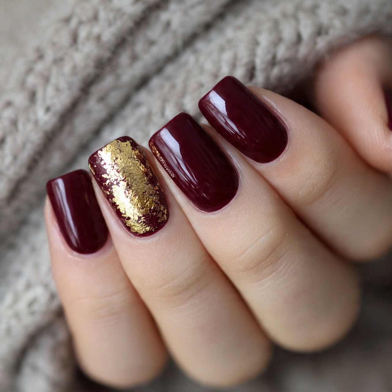 solid maroon nails with one gold foil accent nails