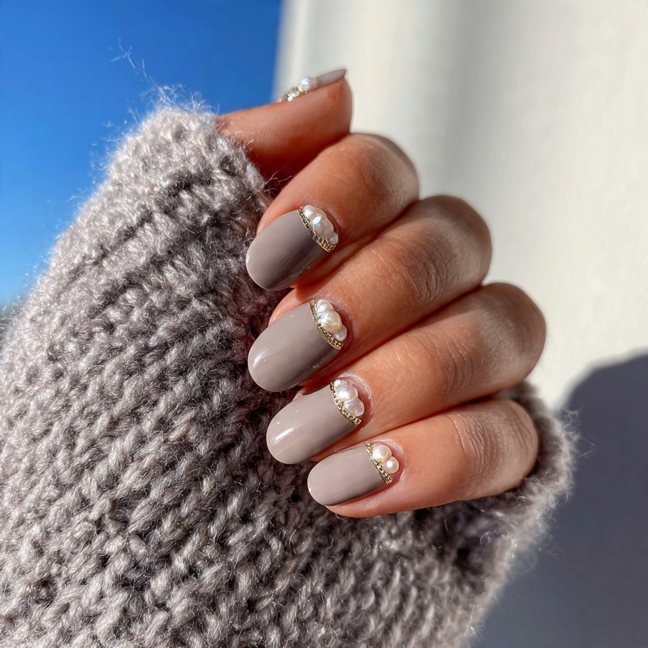 taupe nails with pearl half moons nails