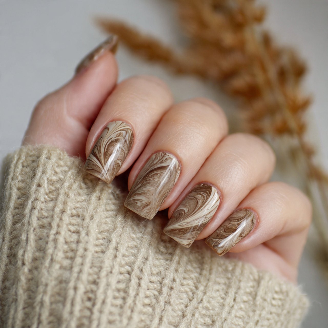 taupe swirl nails on a sheer base nails