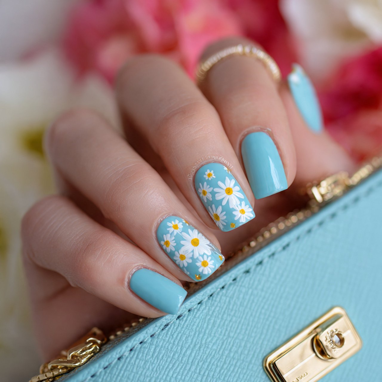 tiffany blue daisy accent nails