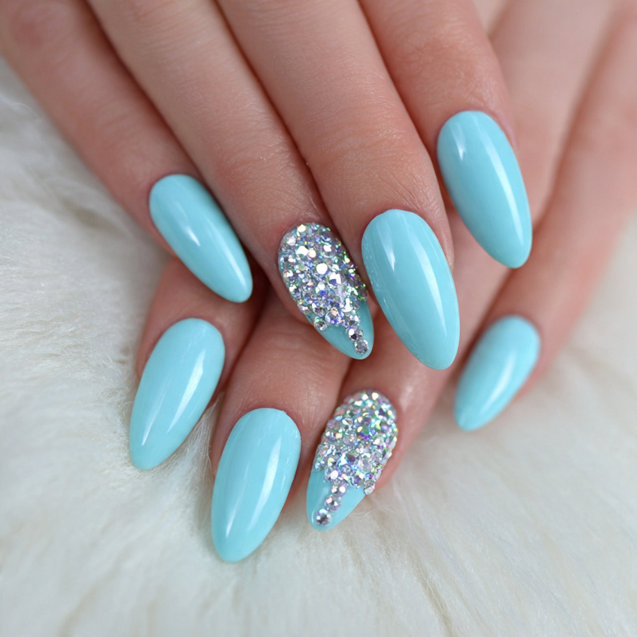 tiffany blue nails with tiny crystal details nails