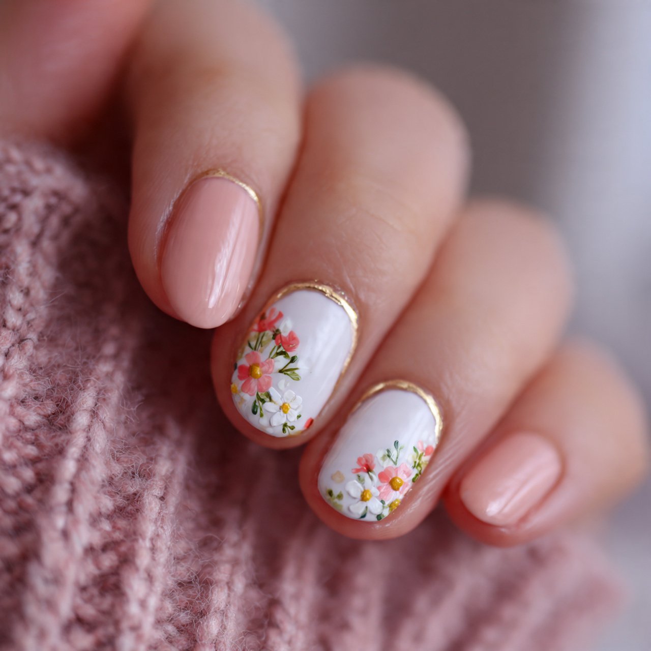 tiny floral accent nails 1